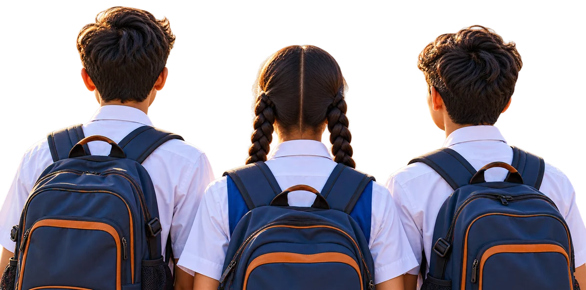 Three students with school bags looking ahead